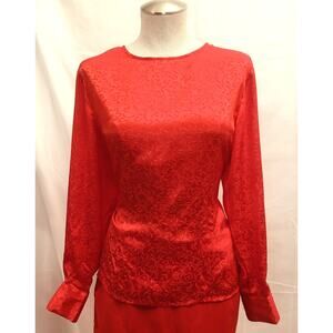 Worthington Red Long Sleeve Satin Blouse with Floral Inlay EUC Size XL